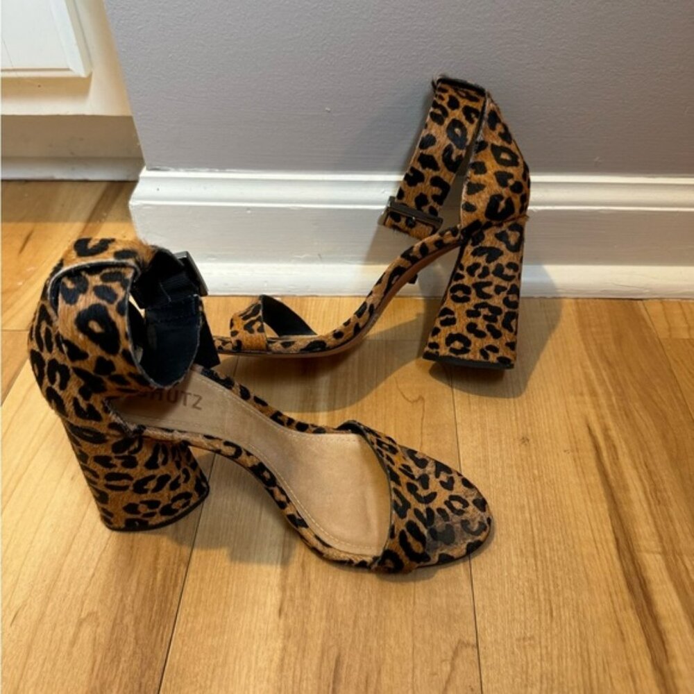 Women's Schutz Leopard Ankle Strap Buckle Open Toe Blocked Heels